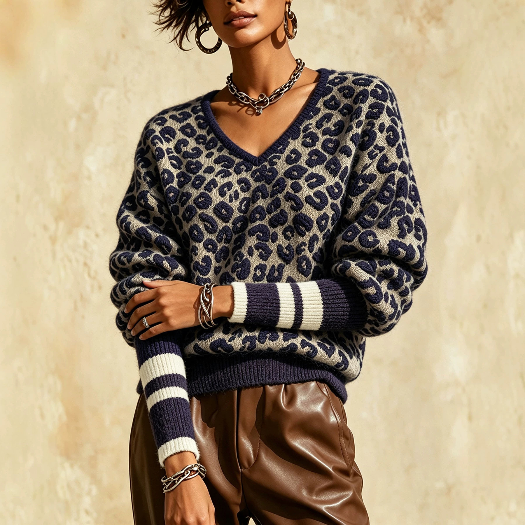 Women's Leopard Jacquard Knit Sweater V-Neck Striped Cuffs Loose Fit