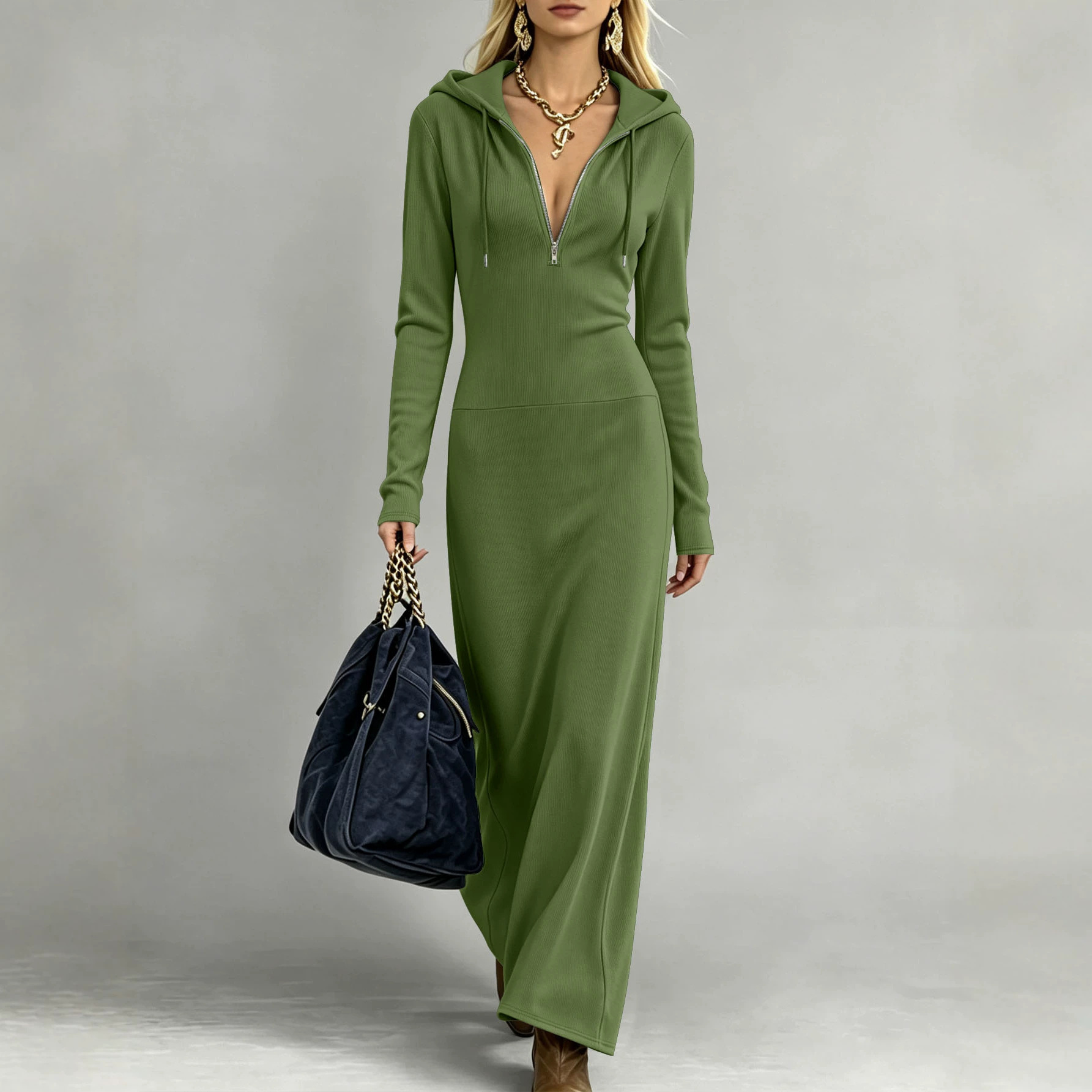 Hooded Half-Zip Long Sleeve Maxi Dress Slimming Casual