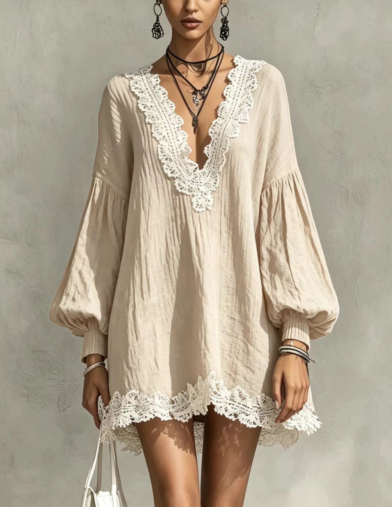 Color-Block V-Neck Lace Trim Lantern Sleeve Loose Dress