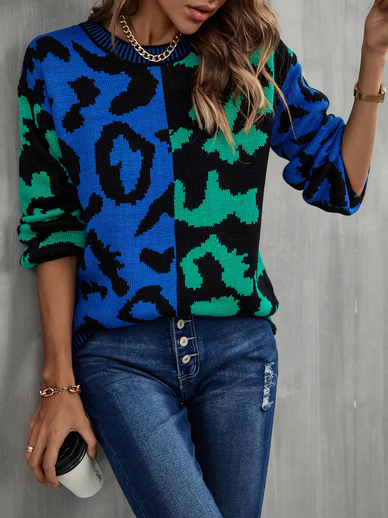 Leopard Print Mixed Knit Pullover Sweater