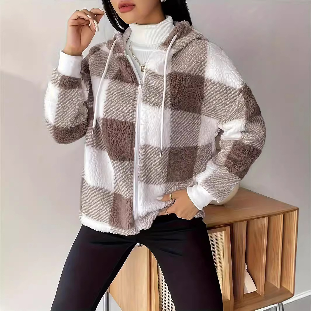 Plaid Hooded Zip Cardigan Faux Fur Loose Long Sleeve Jacket