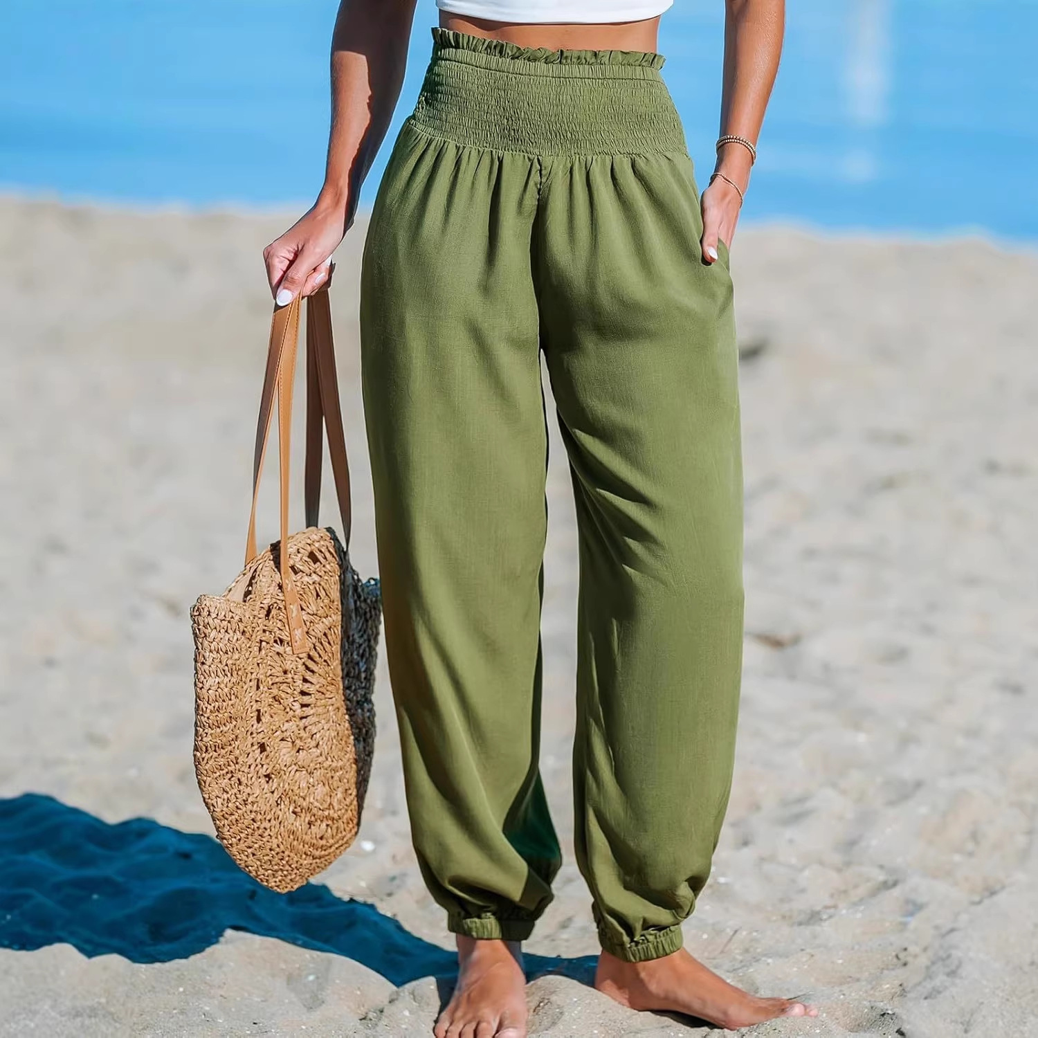 Women's Loose Fit Solid Color Elastic Waist Jogger Pants Casual Beach Trousers