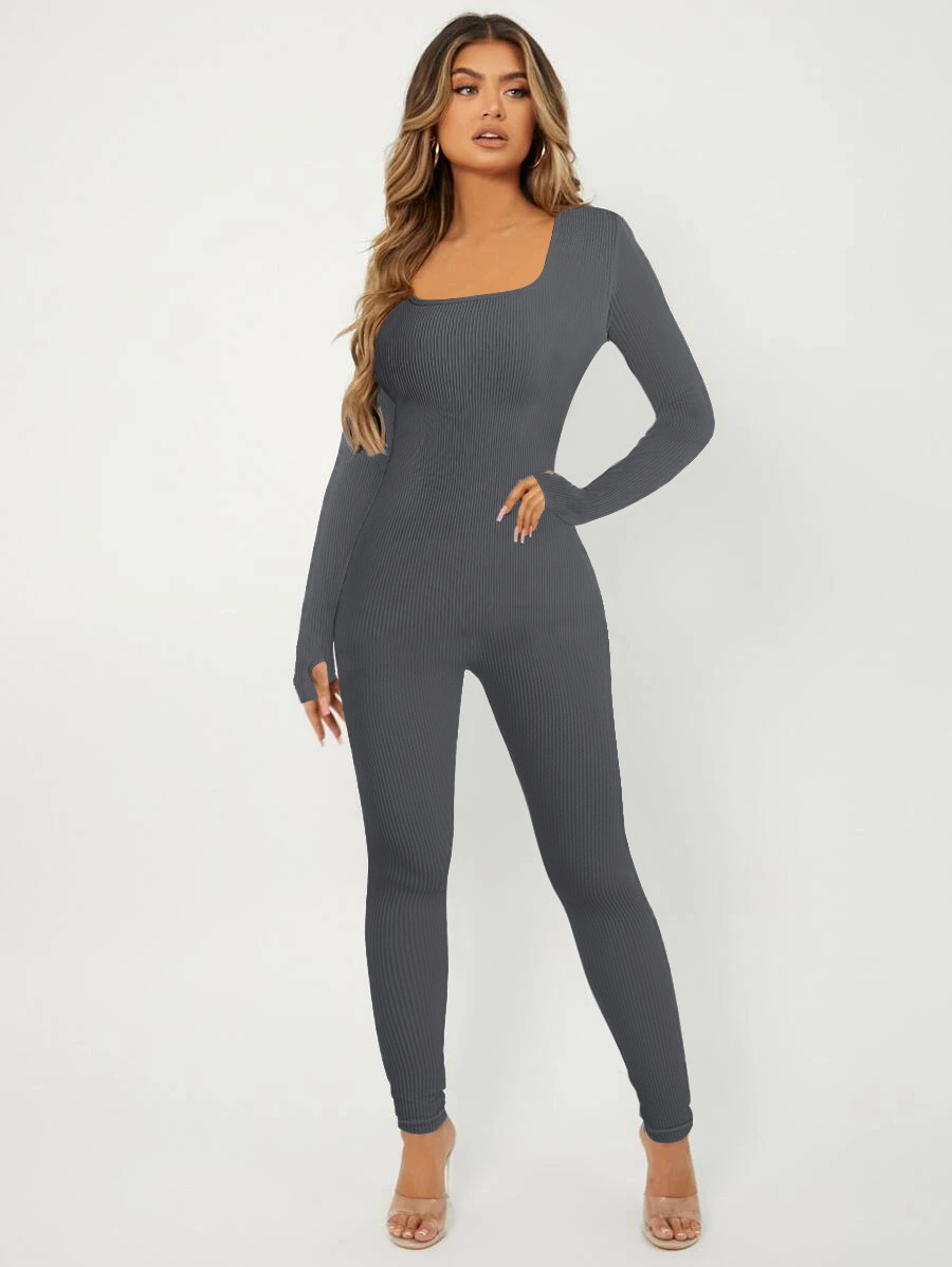Women's Solid Color Long Sleeve Square Neck Bodysuit Jumpsuit with Butt Lifting