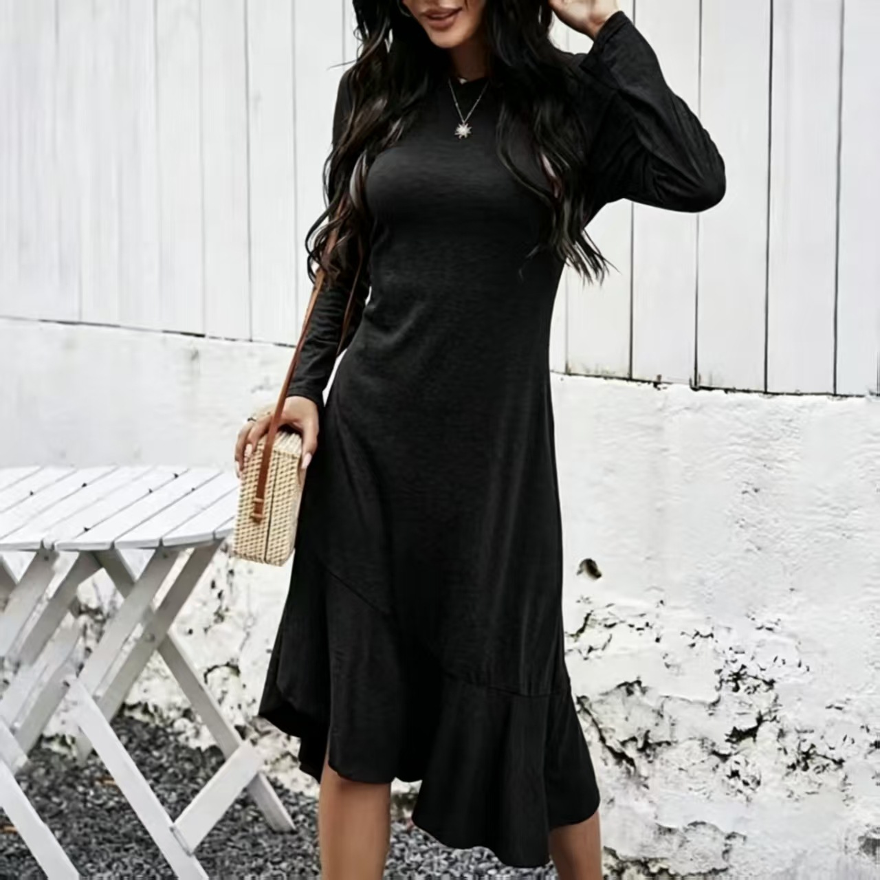 Women's Long Sleeve Round Neck Casual Split Spliced Asymmetrical Dress