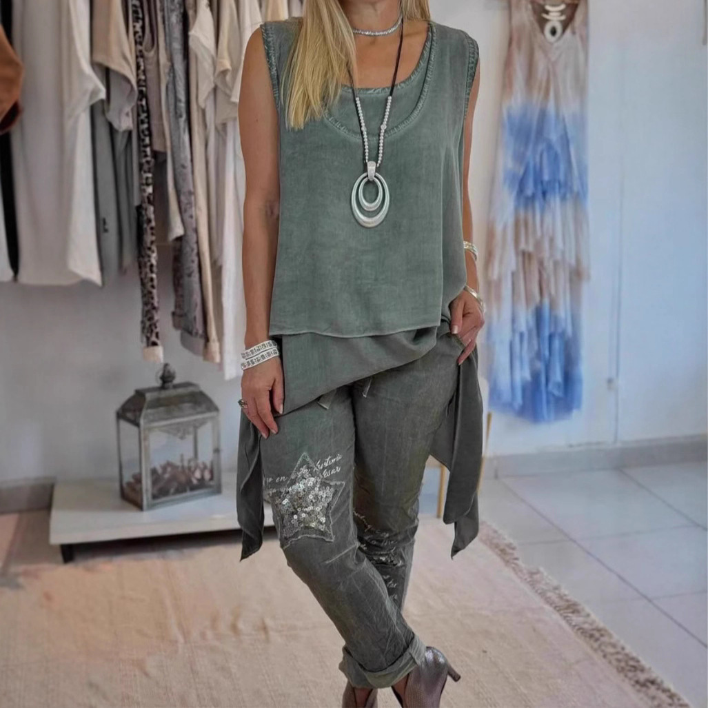 Solid Sleeveless Top and Patterned Pants Set Casual Two-Piece