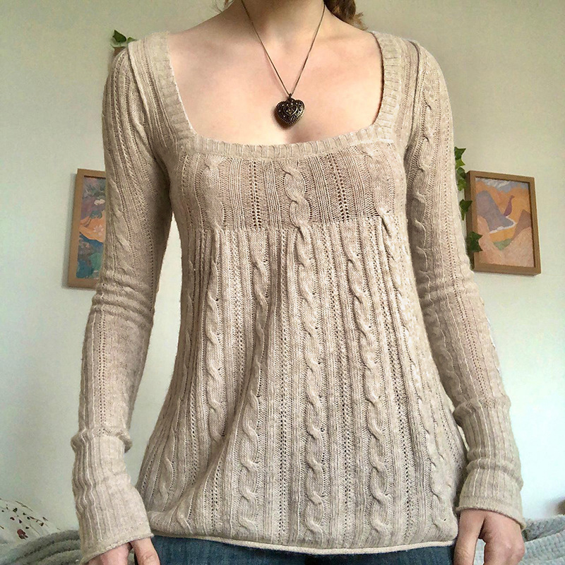 Women's Cable-Knit Square-Neck Sweater in Khaki
