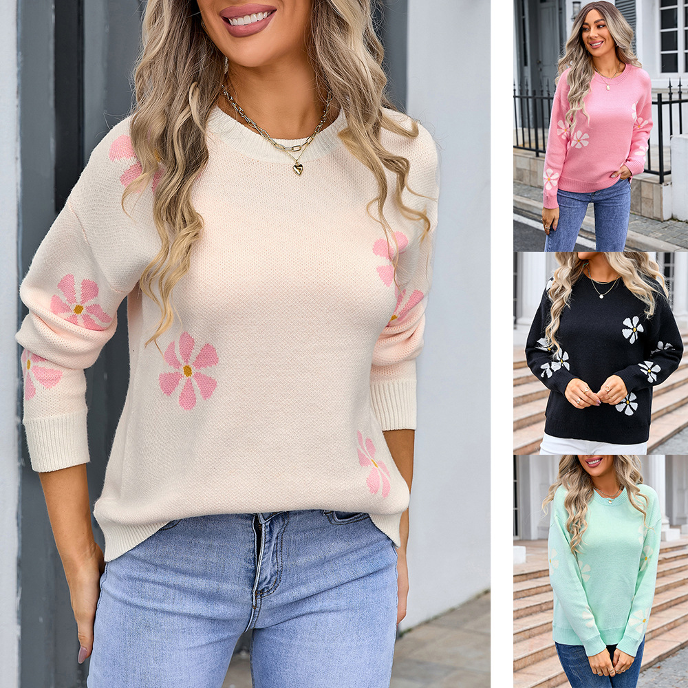 Women's Colorblock Floral Jacquard Knit Sweater