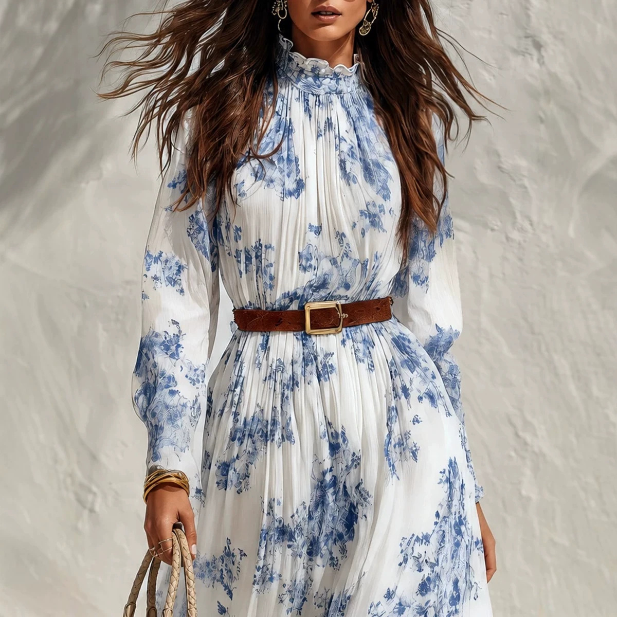 Blue and White Porcelain Print Chiffon Maxi Dress with Ruffle Trim Stand Collar Long Sleeves and Belt