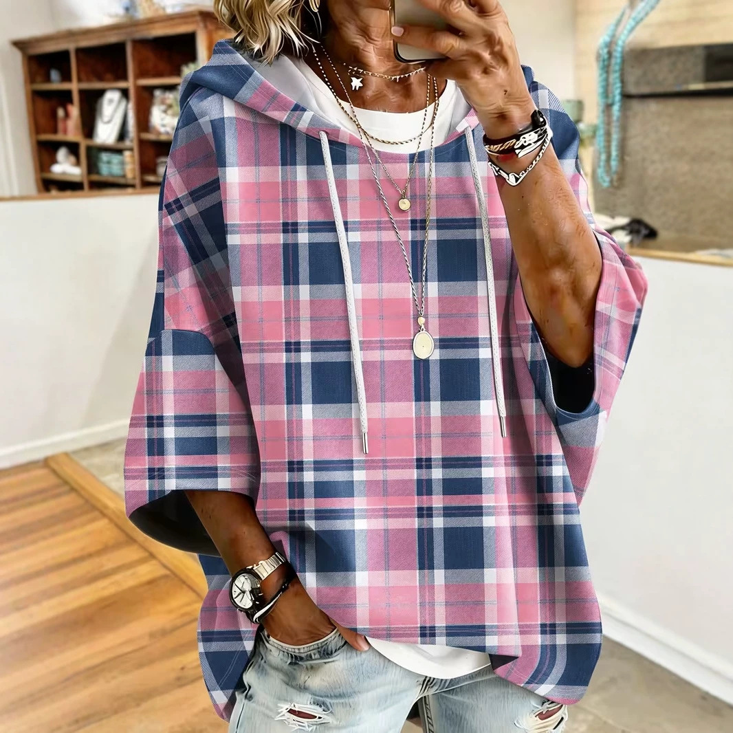 Women's Plaid Colorblock Print Casual Hoodie