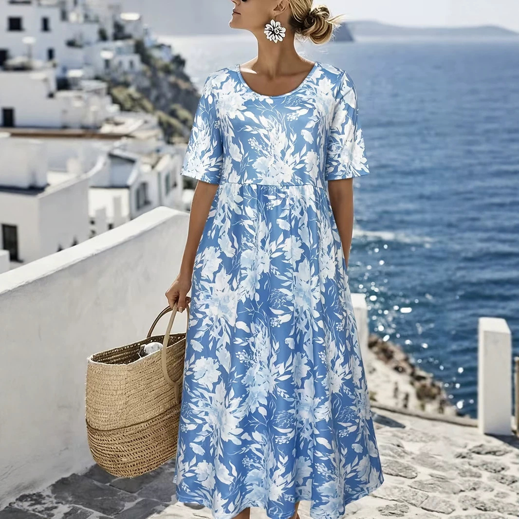 Women's Floral Print Ruched Midi Dress Crew Neck Half Sleeve