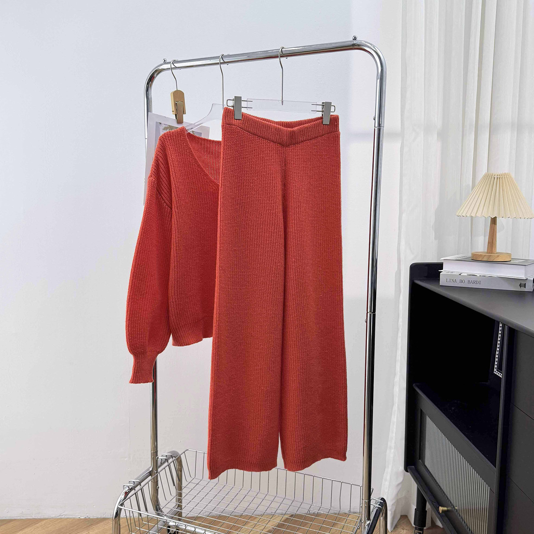 Women's V-Neck Loose Knit Top & Wide-Leg Pants Two-Piece Sweater Set