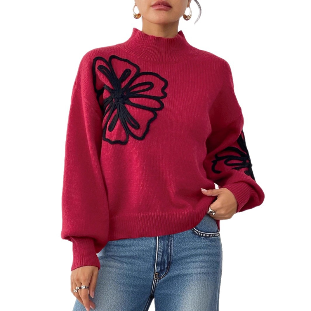 Women's 3D Ribbon Embroidered Floral Mock Neck Lantern Sleeve Pullover Sweater