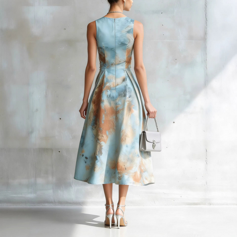 Floral Print Sleeveless Midi Dress Round Neck A-Line