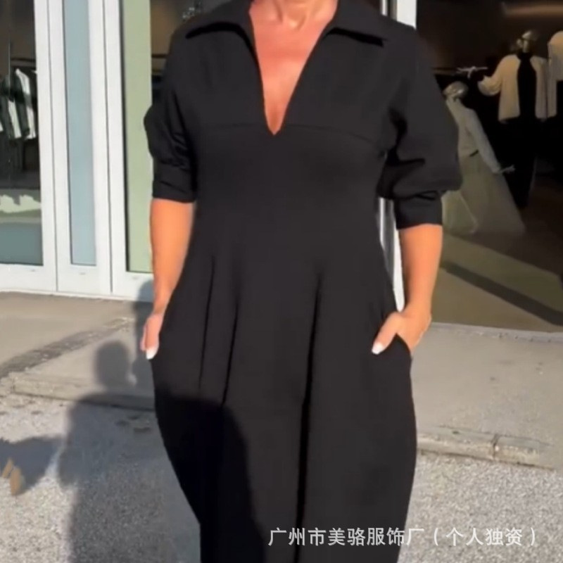Women's Retro Loose Midi Dress with V-Neck and High Waist