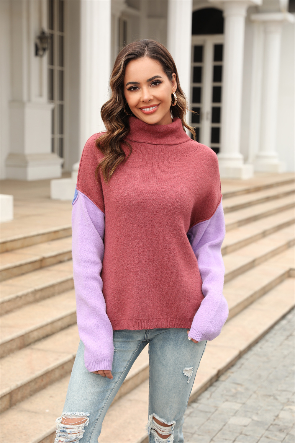 Women's Color-Block Turtleneck Knit Sweater