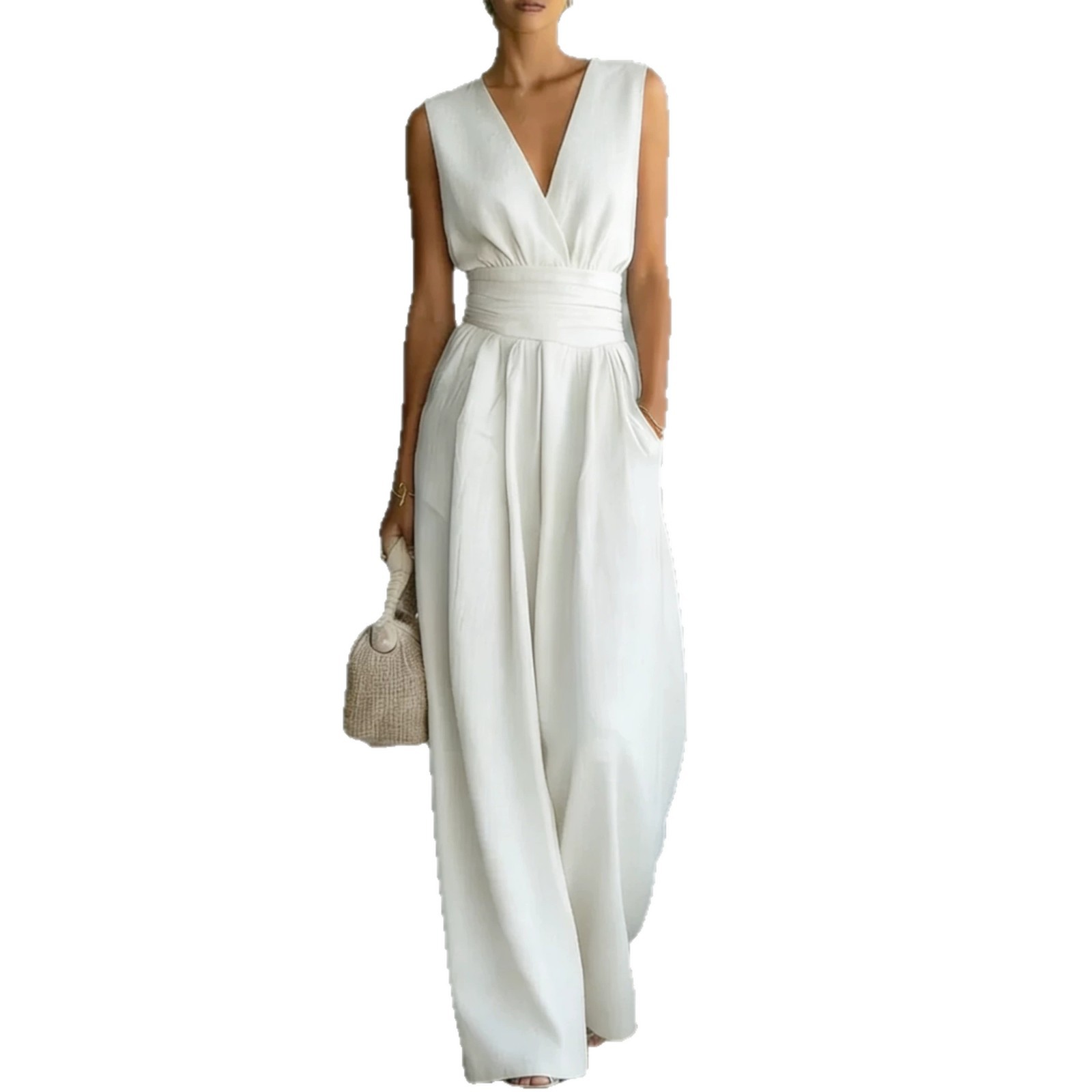 Elegant Sleeveless V-Neck Wide-Leg Jumpsuit with Cinched Waist