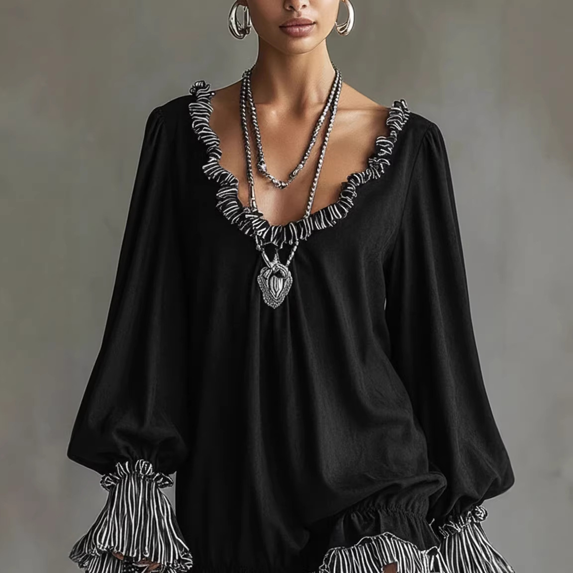 Black Ruffled V-Neck Short Dress