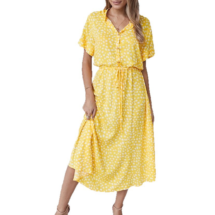 Women's Polka Dot Button-Front Tie Dress with Stone Floral Print
