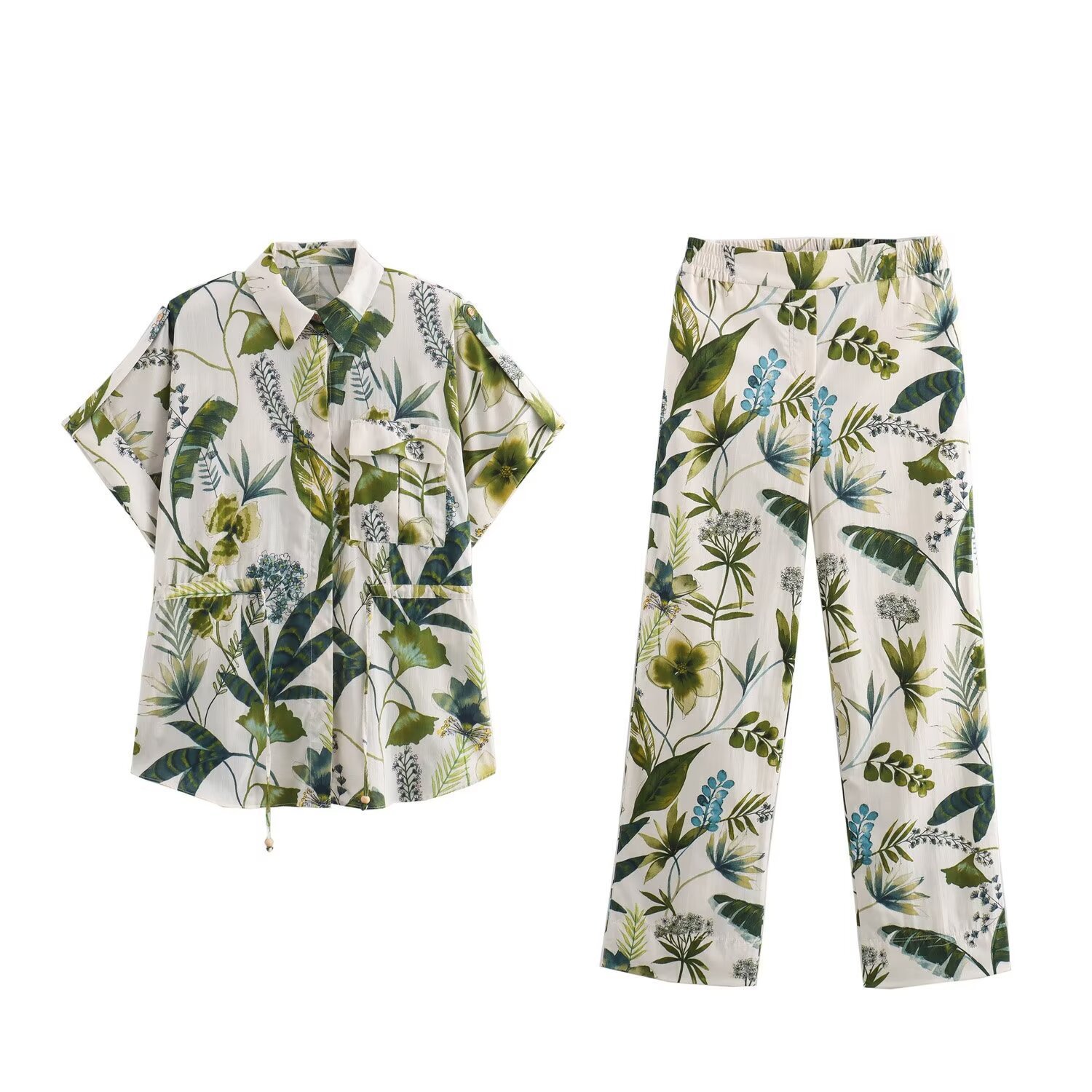 Women's Printed Shirt and Straight-Leg Pants Set with Waist Detail