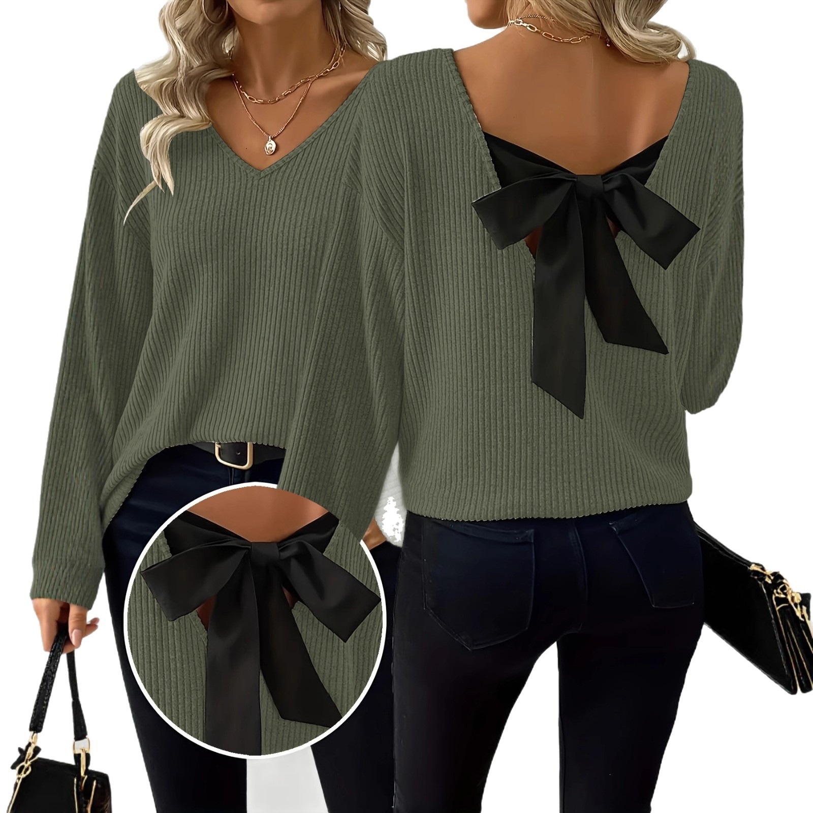 V-Neck Bow Pullover Sweater