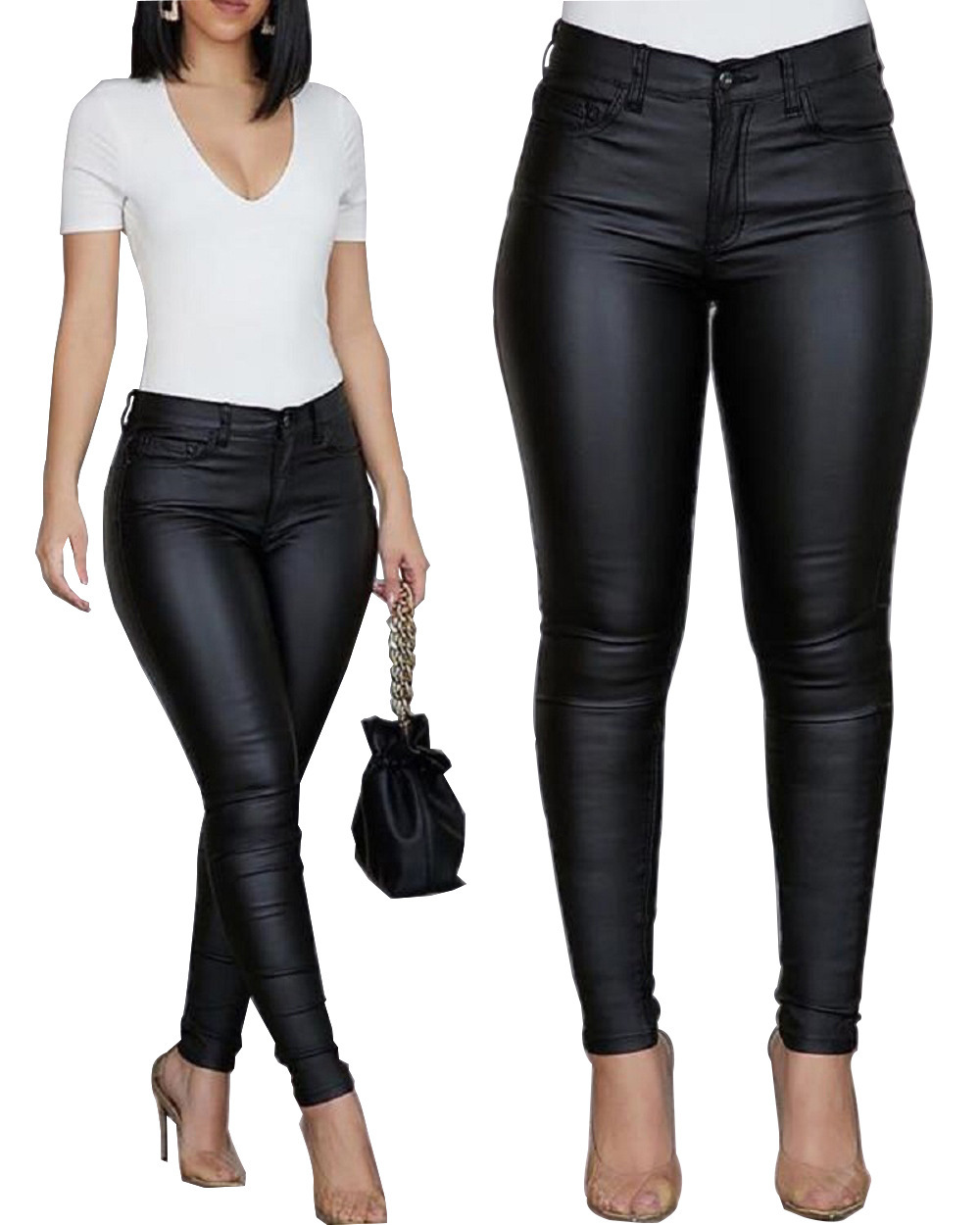 Women's Solid Color PU Leather Skinny Pants Slim Fit Mid-Rise Long Trousers