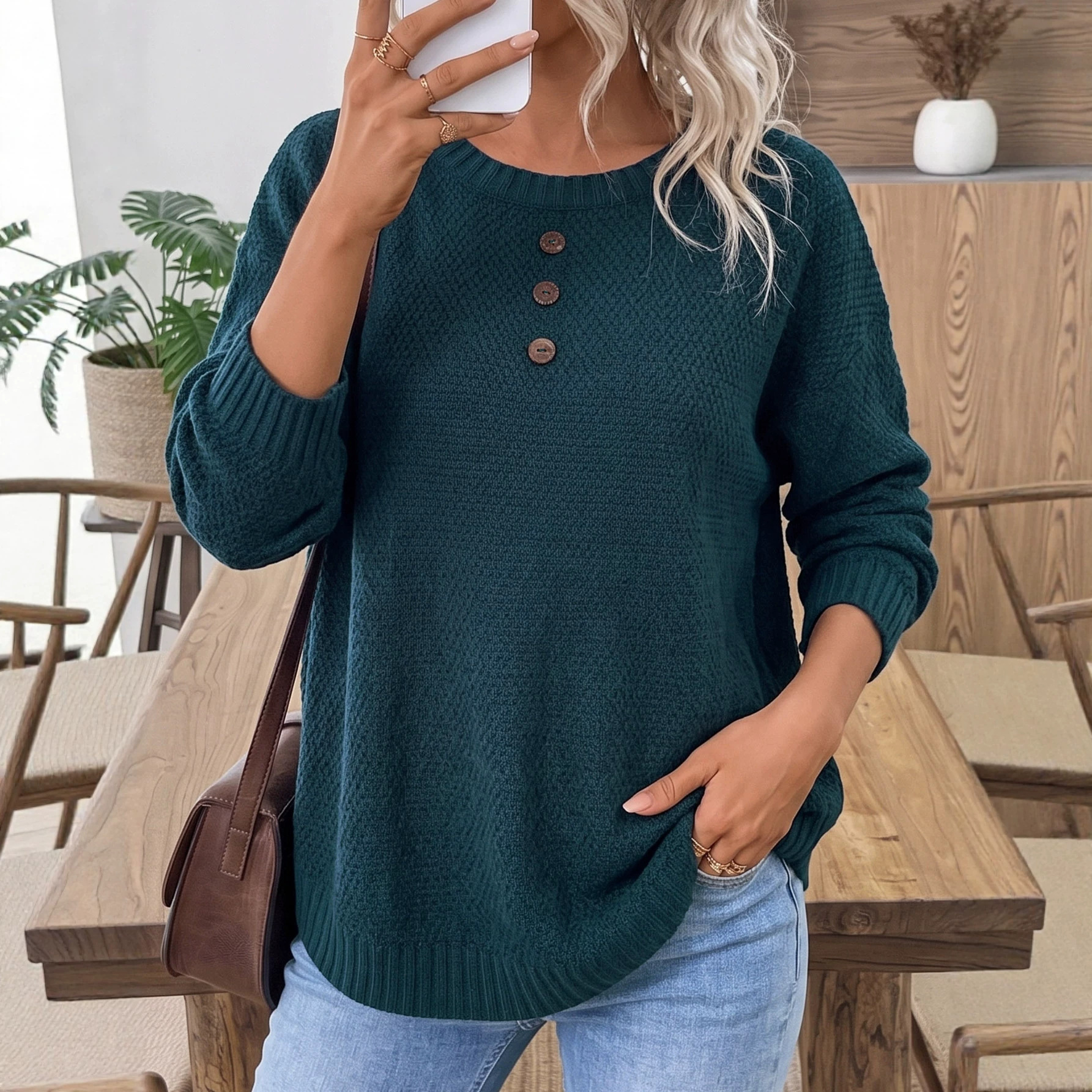 Women's Coconut Button Knit Sweater Retro Loose Crewneck Pullover