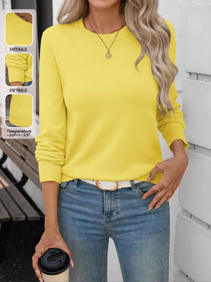 Women's Soft Stretch Crewneck Long-Sleeve Knit Top Solid Color
