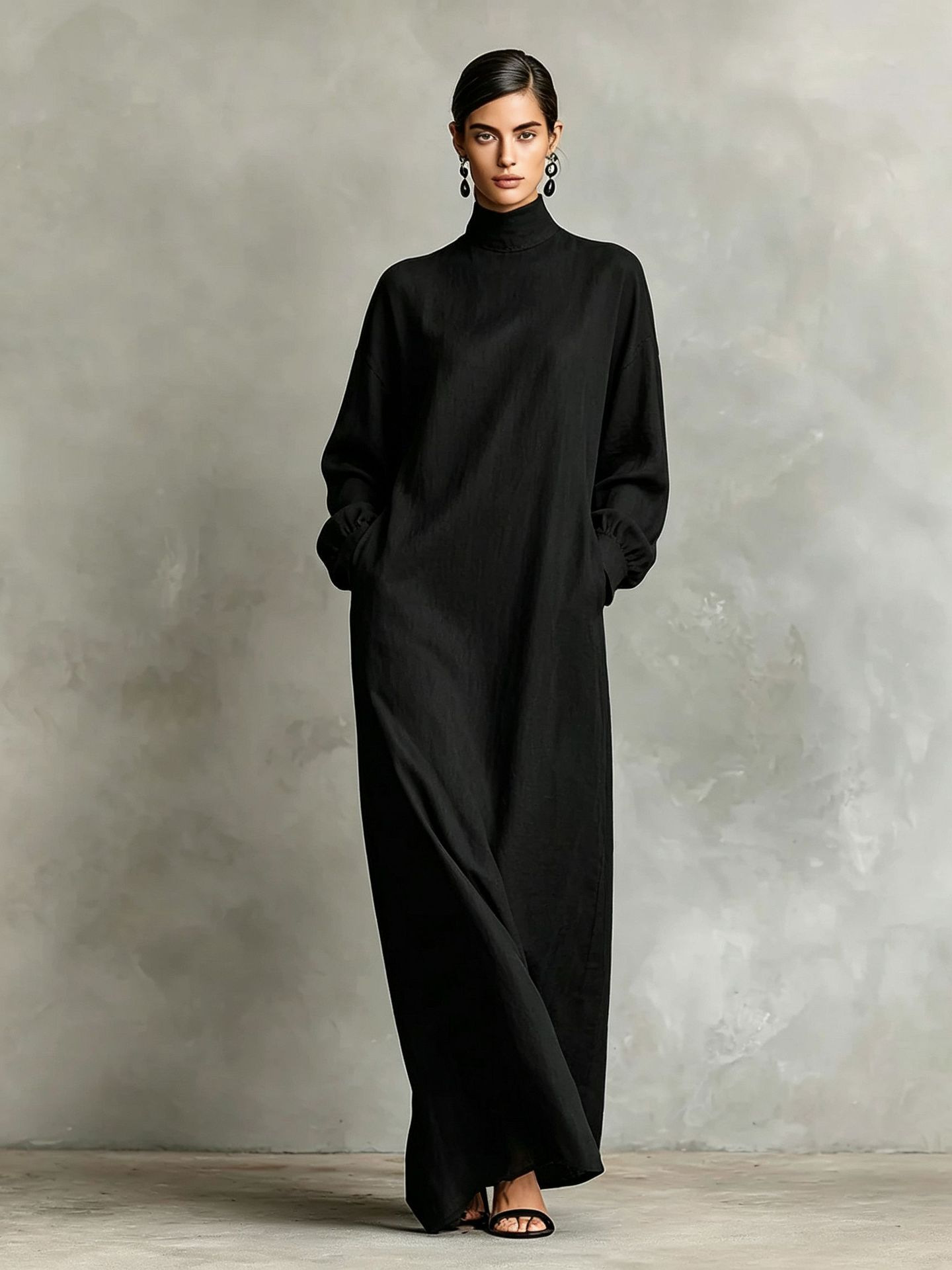 Women's Solid High Neck Loose Casual A-Line Long Dress