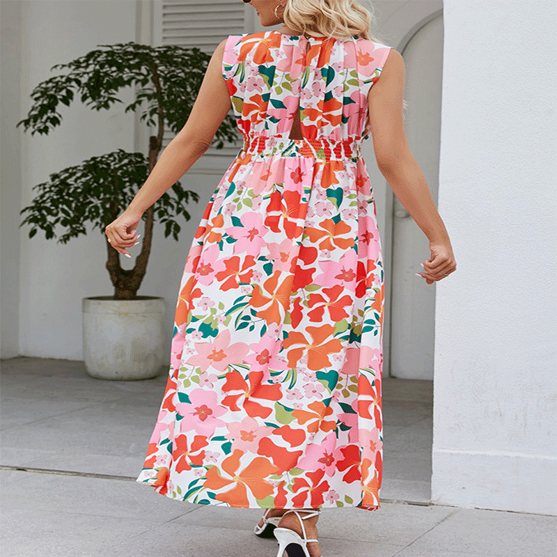 Women's Sleeveless Floral Print Halter Maxi Dress with Waist Tie