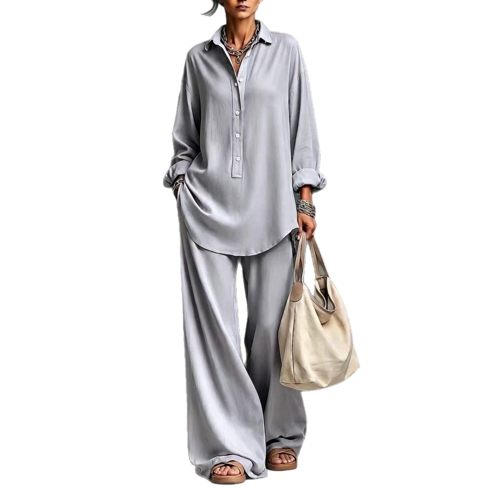 Women's Solid Color Collared Button Long Sleeve Shirt & Wide Leg Pants Set