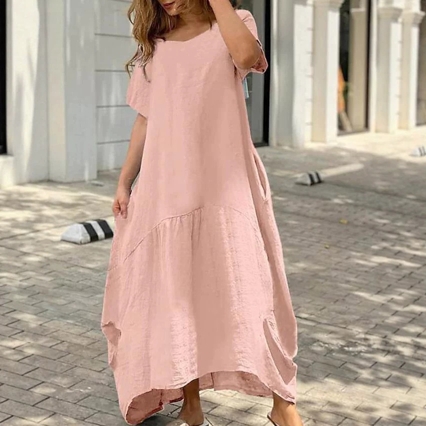Women's Loose Cotton Linen Long Dress Casual Round Neck Short Sleeve