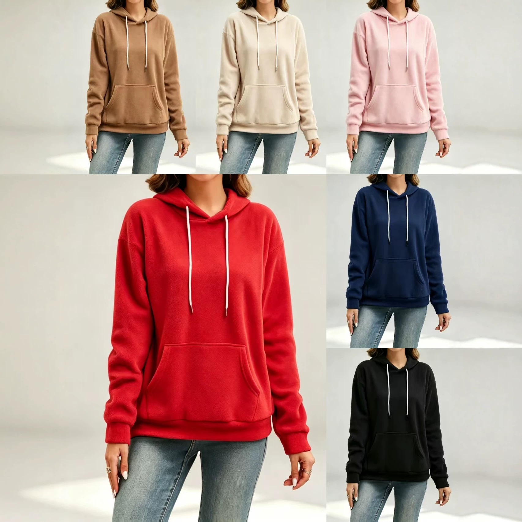 Women's Casual Loose Solid Hooded Kangaroo Pocket Sweatshirt Long Sleeve