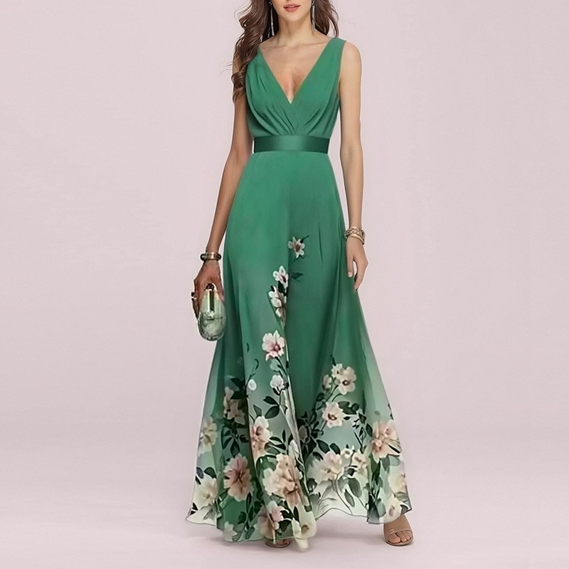 Women's Botanical Print V-Neck Sleeveless A-Line Maxi Dress