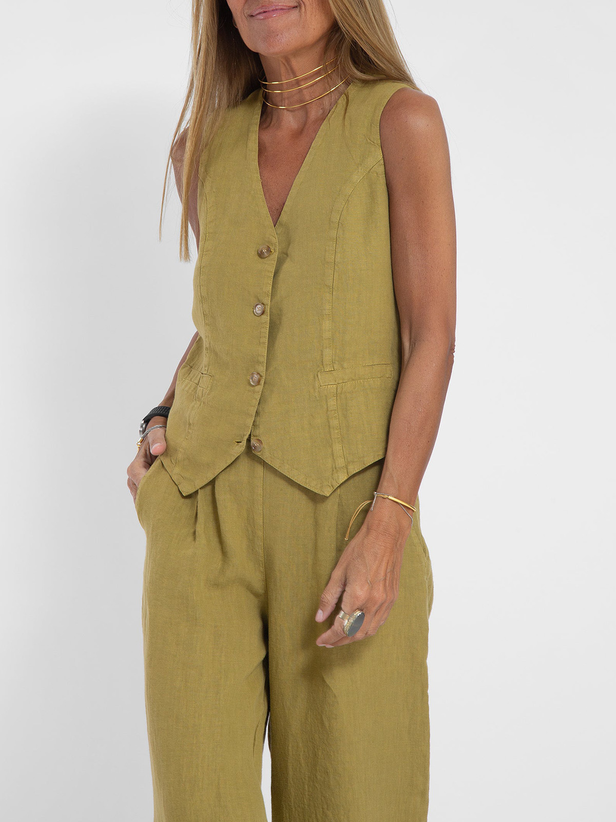 Women's Sleeveless Vest & Pants Set Cotton Linen Patchwork Casual