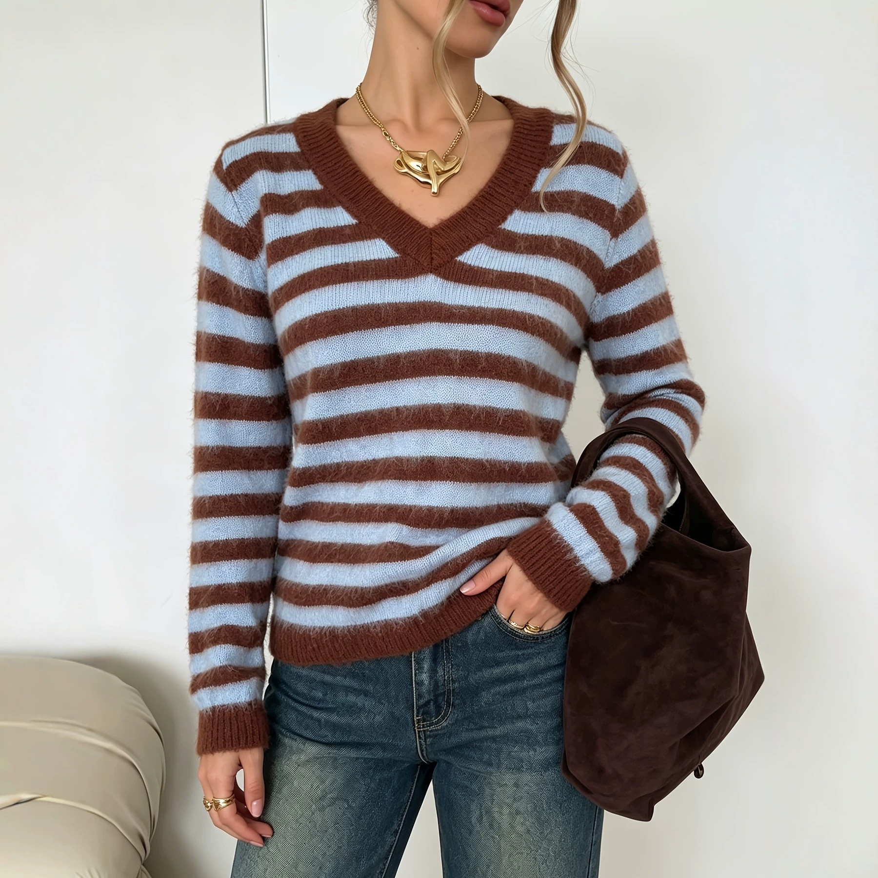 Women's Reversible V-Neck Striped Knit Sweater Loose Casual Pullover