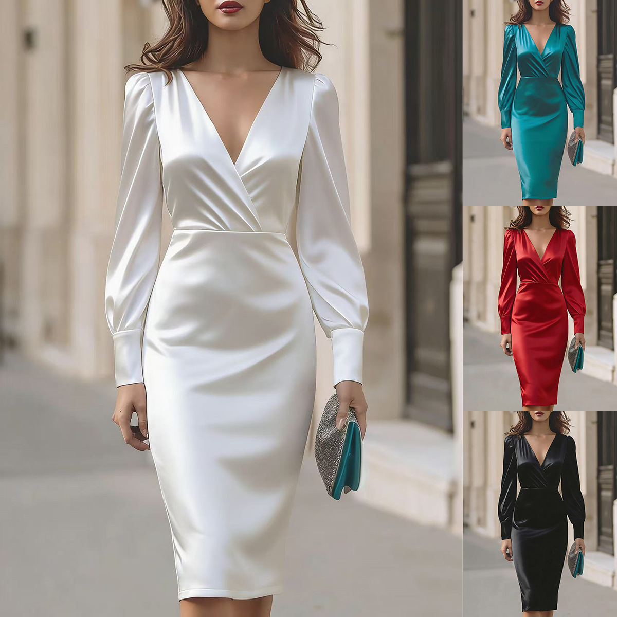 Satin Solid Color V-Neck Long Sleeve Bodycon Midi Dress