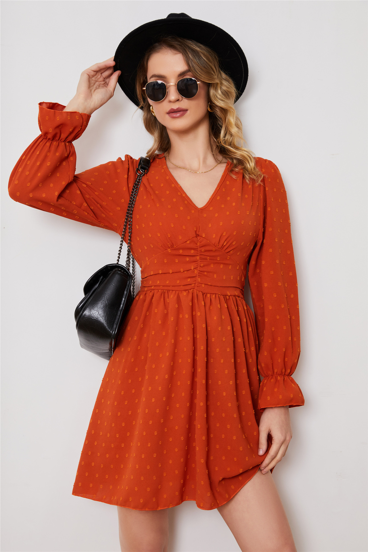 High-Waist V-Neck Chiffon Midi Dress with Polka Dot Print and Flared Sleeves