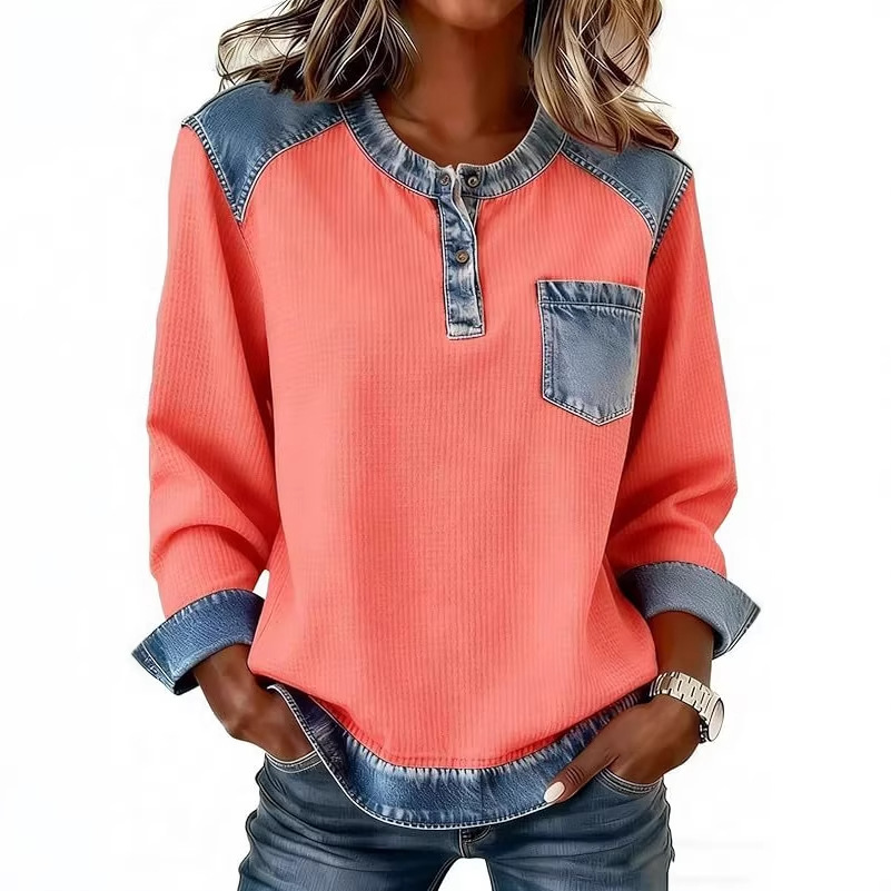 Faux Denim Patchwork Button Pocket Long Sleeve Crewneck Top
