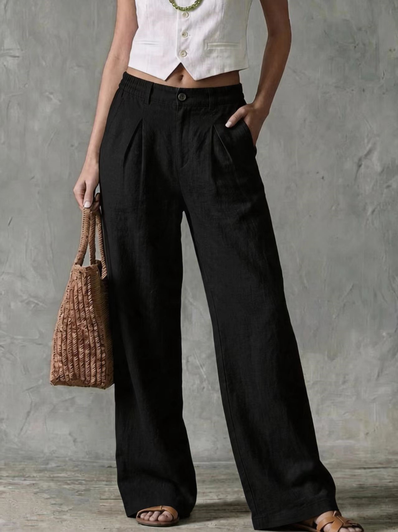 Women's Linen-Blend Wide-Leg Pants High-Waist Solid Casual