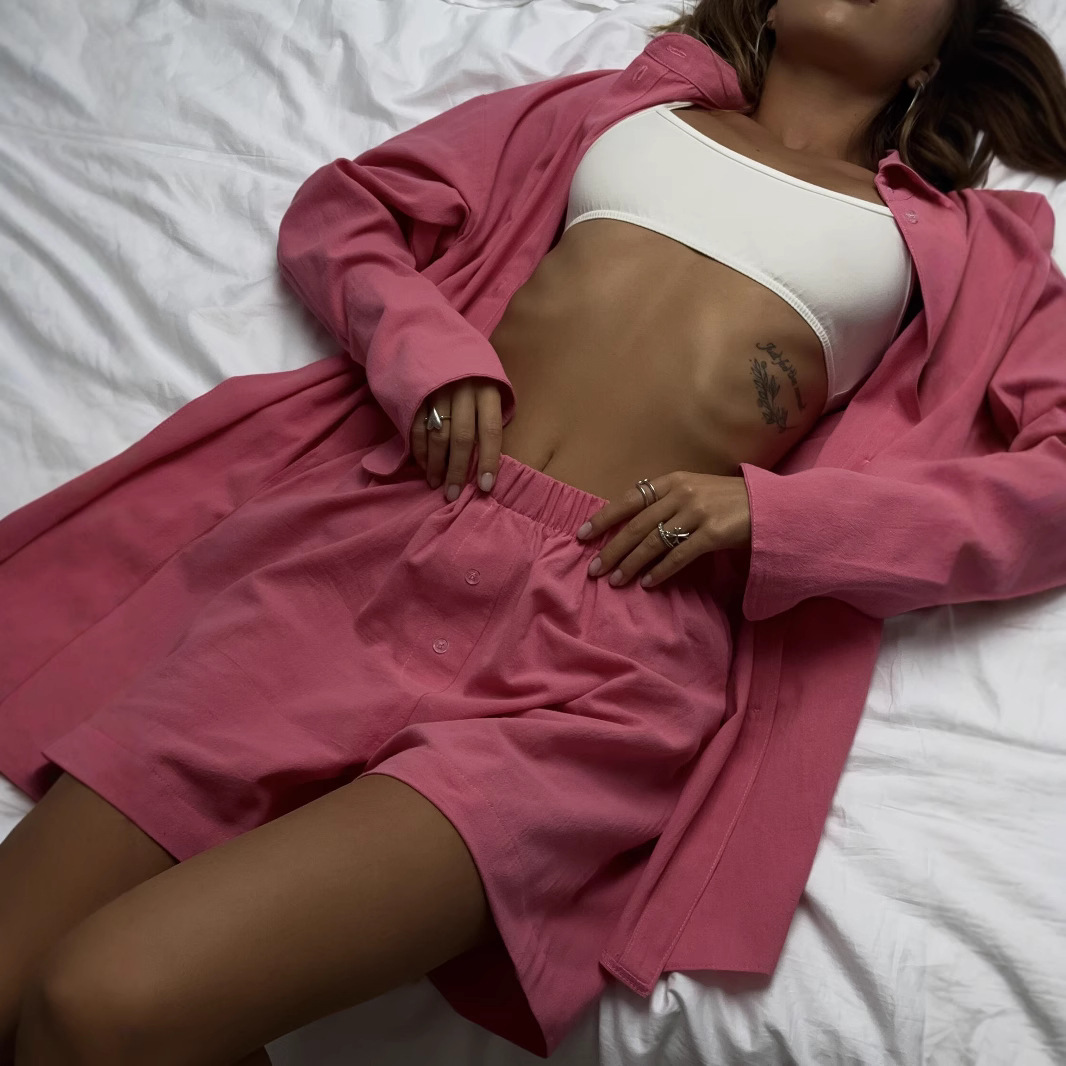 Women's Casual Solid Short Sleeve Shirt and Elastic Waist Shorts Two-Piece Set