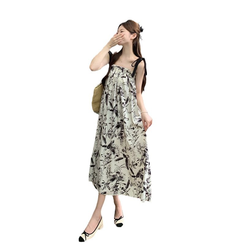 French Tea Break Ink Wash Tie-Strap Midi Dress Women's Summer Loose Relaxed Vacation Long Dress