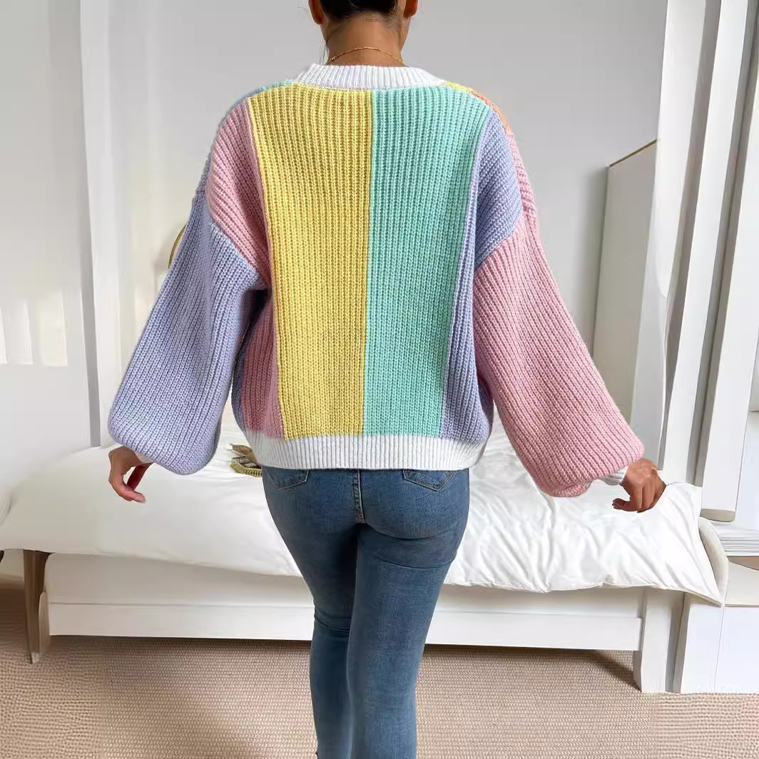 Colorblock Knit Cardigan Women's Long Sleeve Sweater