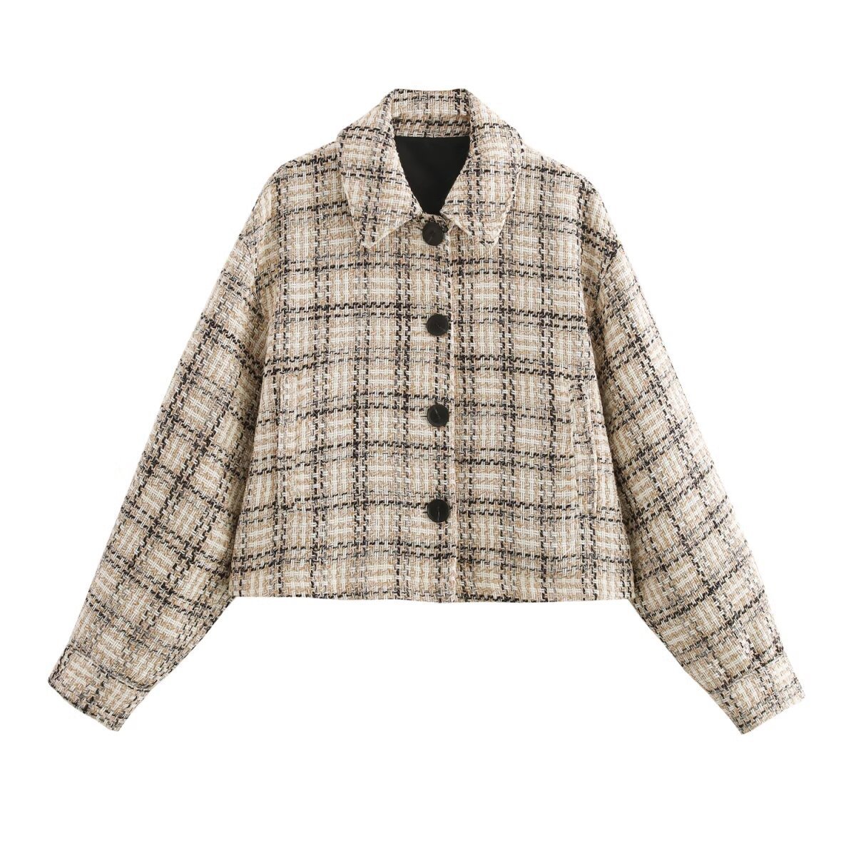 Women's Textured Plaid Lapel Long-Sleeve Short Jacket