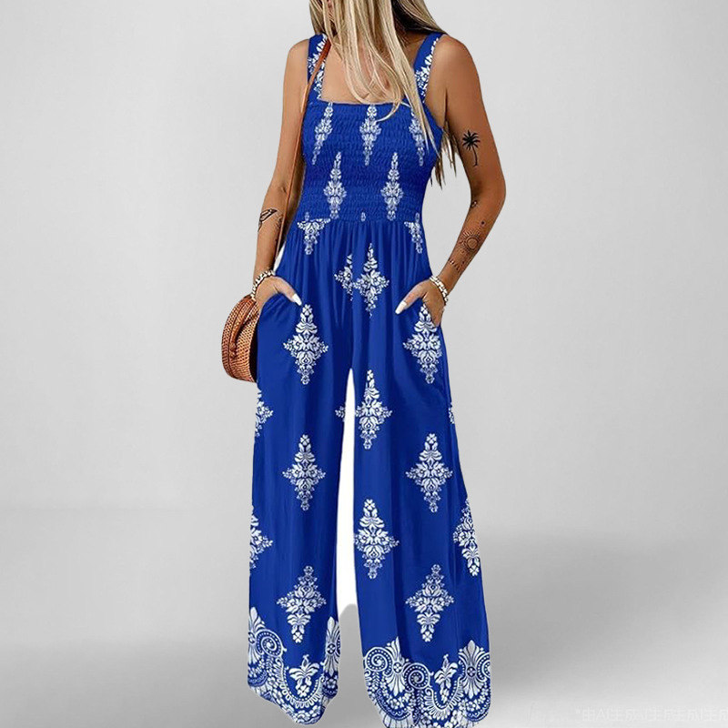 Women's Sleeveless Smocked Pocket Printed Jumpsuit
