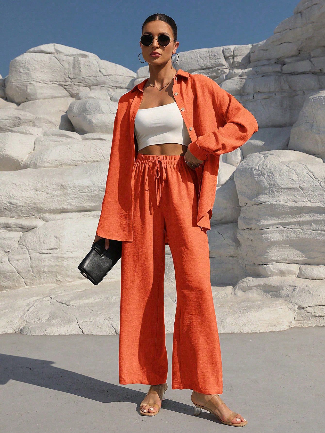 Women's Solid Color Long Cardigan & Pants Set Casual Elegant Shirt Two-Piece