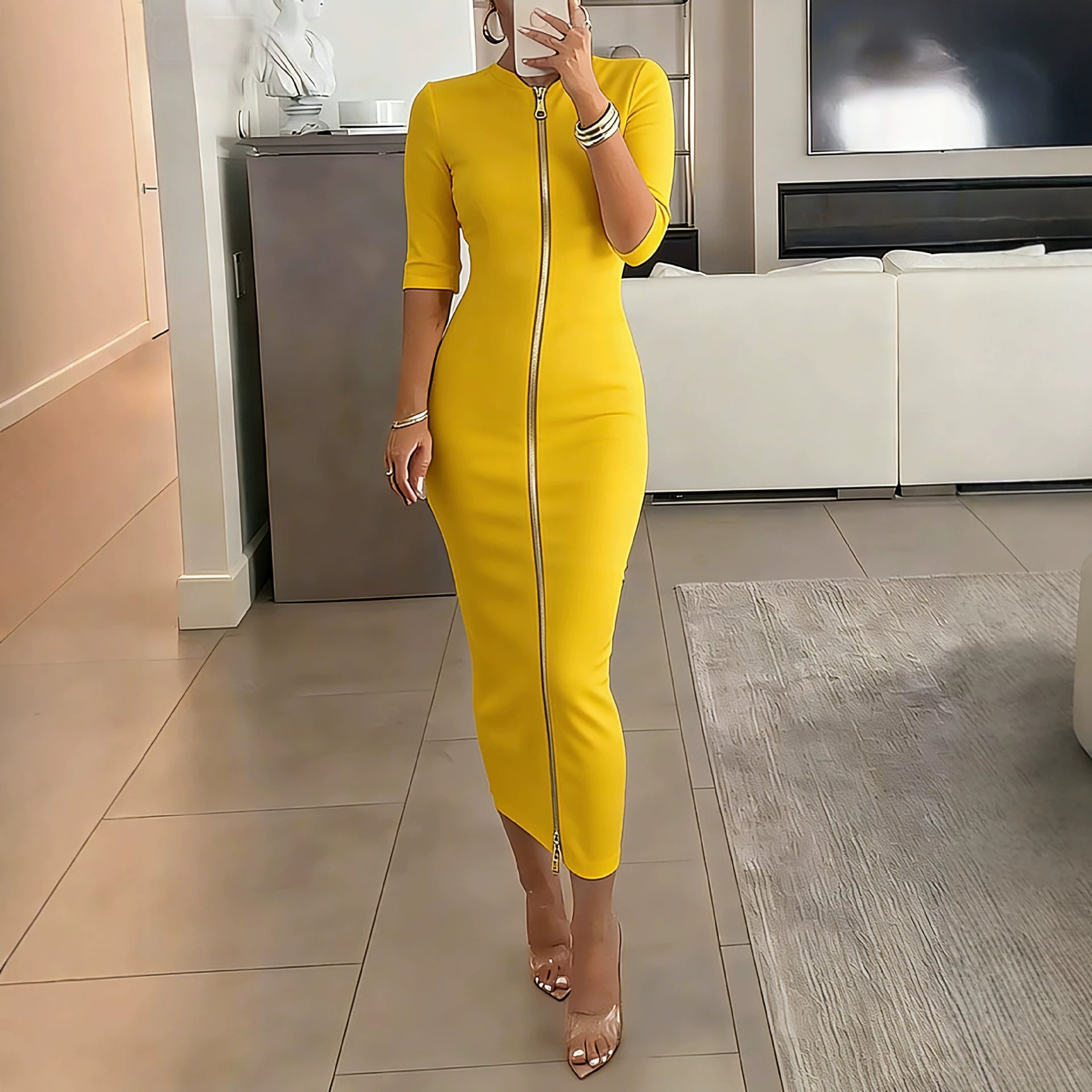 Plus Size Bodycon Midi Dress with Zip Short Sleeve Round Neck