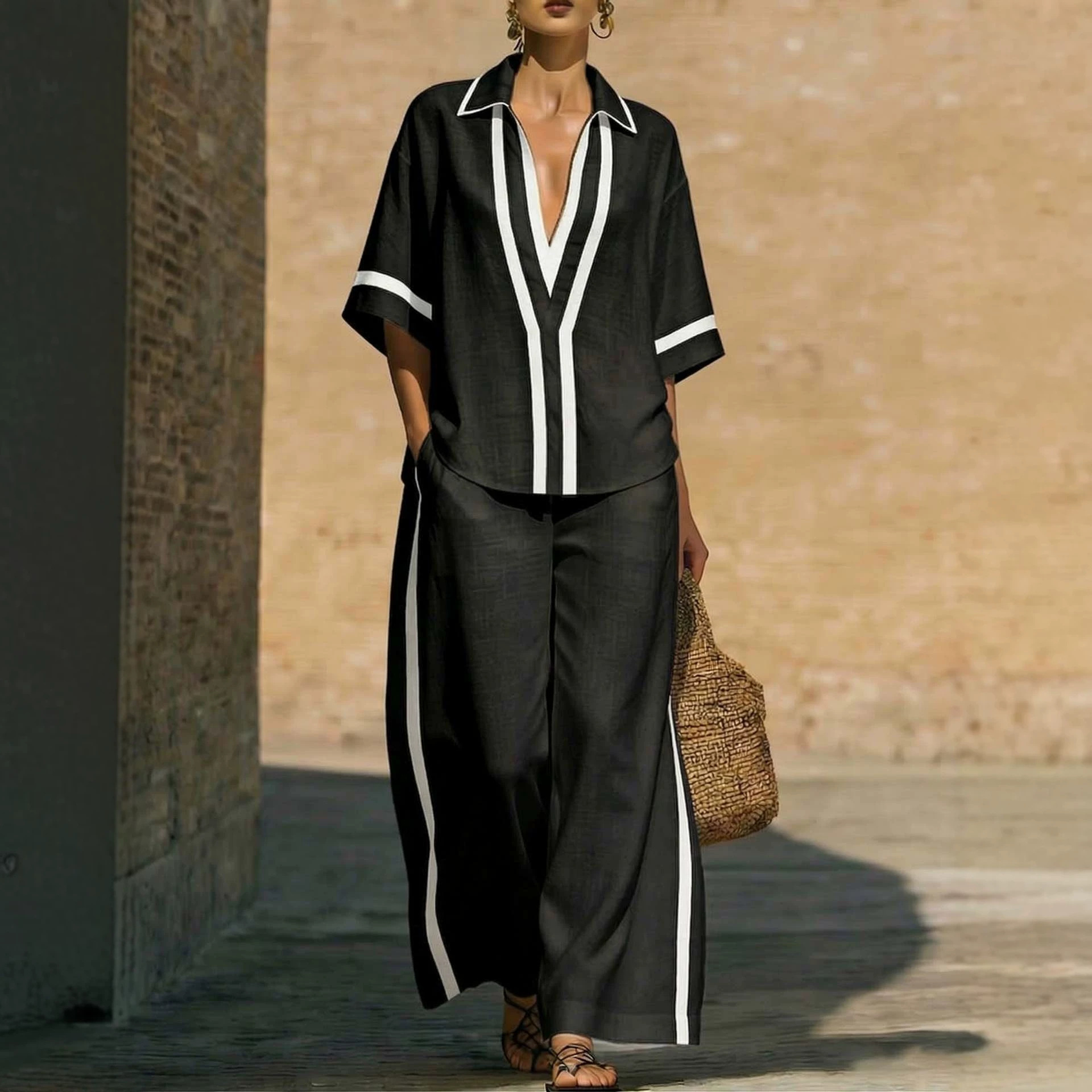 Women's Color-Block Short-Sleeve Shirt and Wide-Leg Pants Set