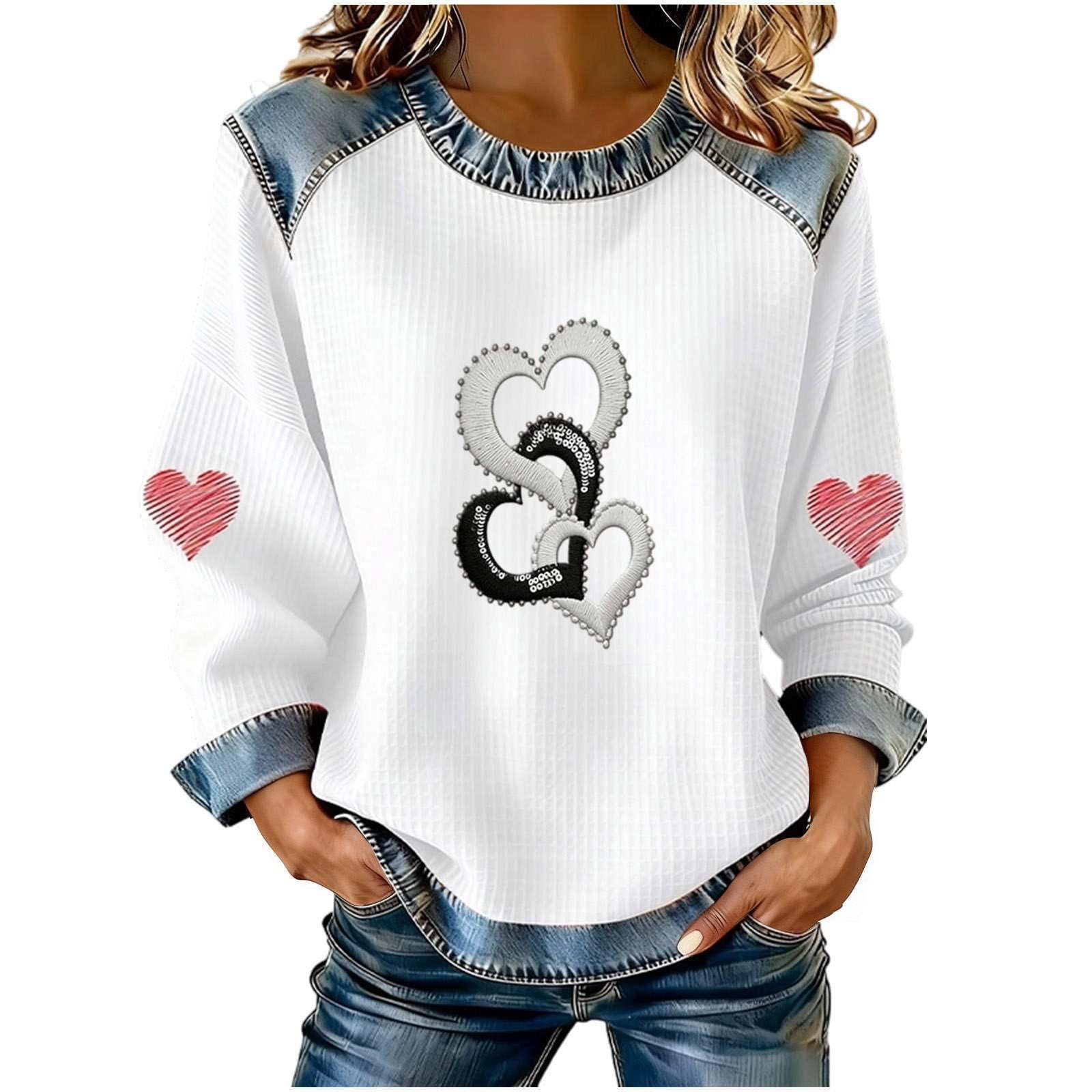 Women's Heart Print Crewneck Sweatshirt