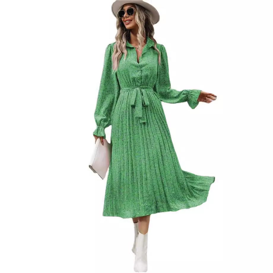 Women's Pleated Long Sleeve Tie-Waist Maxi Dress
