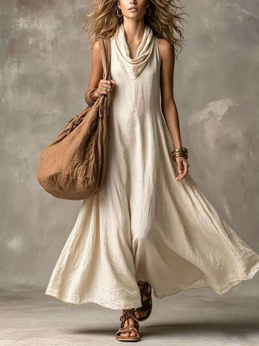 Women's Sleeveless Cowl Neck A-Line Maxi Dress Loose Fit